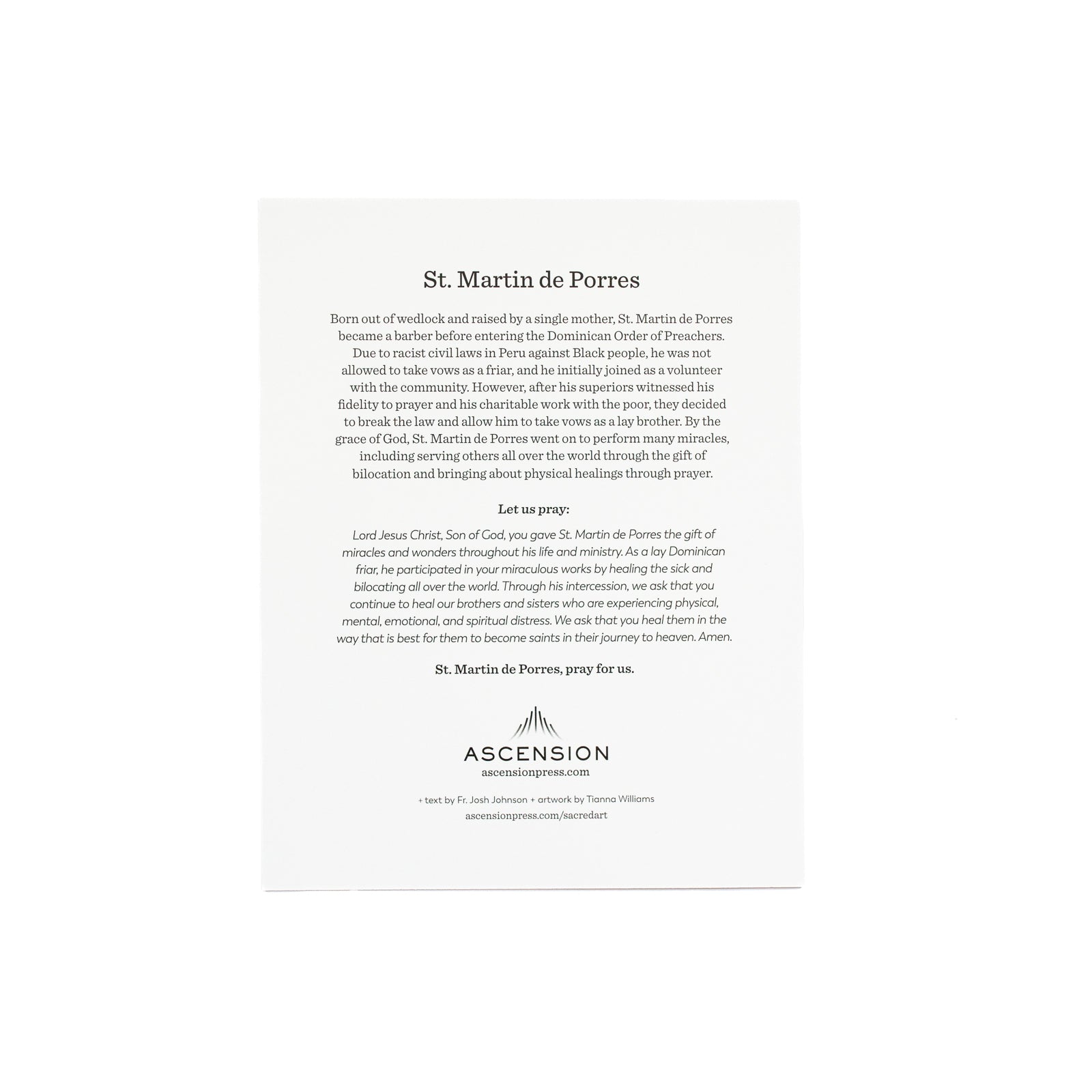 Estampas de oración de San Martín de Porres (Paquete de 10)