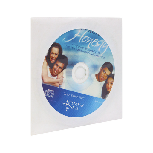 The cd for Sexual Honesty: A Proposal to Engaged Couples About the Truth and Meaning of Sexual Love by Christopher West, the Theology of the Body Institute, and Ascension. The blue and white cd design features beautiful cursive writing and two happy couples smiling.