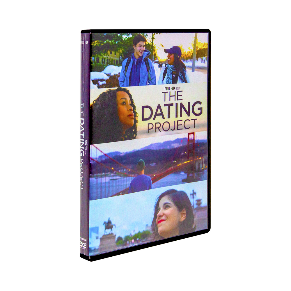 The dvd case for The Dating Project by Pureflix, the cover features a happy couple in one panel and other young adult people in other panels staring out into the distance.