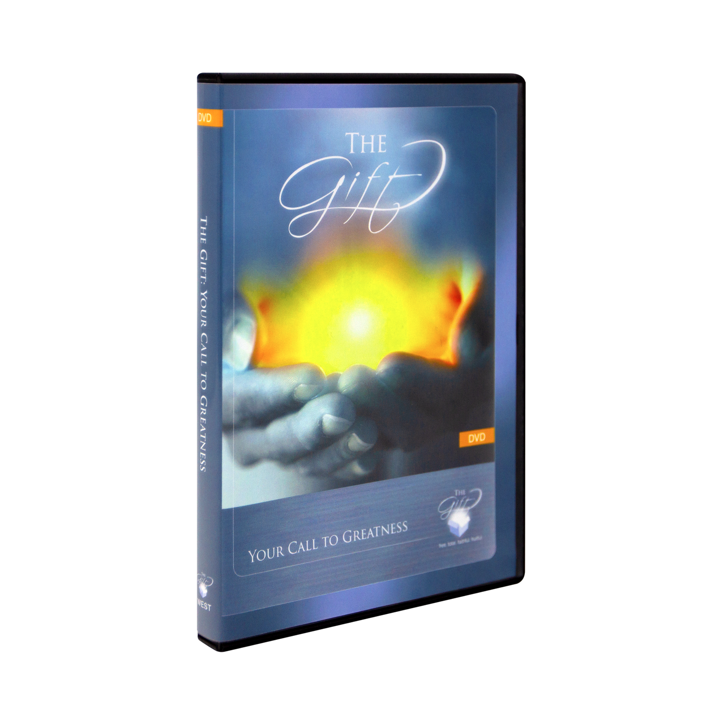 The case for The Gift: Your Call to Greatness DVD by Ascension. The blue and gold cover features someone holding a bright light in the palms of their hands.