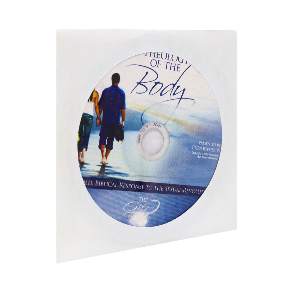 The cd, Theology of the Body: A Bold, Biblical Response to the Sexual Revolution by Christopher West and Ascension. The blue and white cd design features cursive writing and a happy couple holding hands and walking out into the distance.