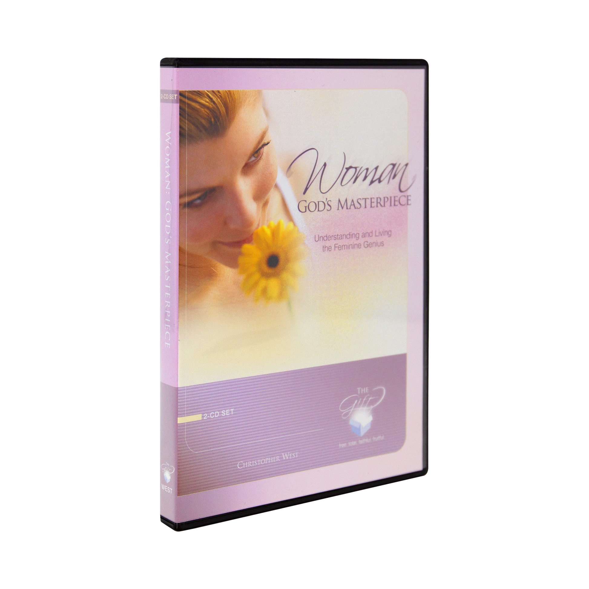 The cd set for Woman God's Masterpiece, Understanding and Living the Feminine Genius by Christopher West and Ascension. The soft pink and lavender cover features a woman smelling the sweet fragrance of a yellow flower.