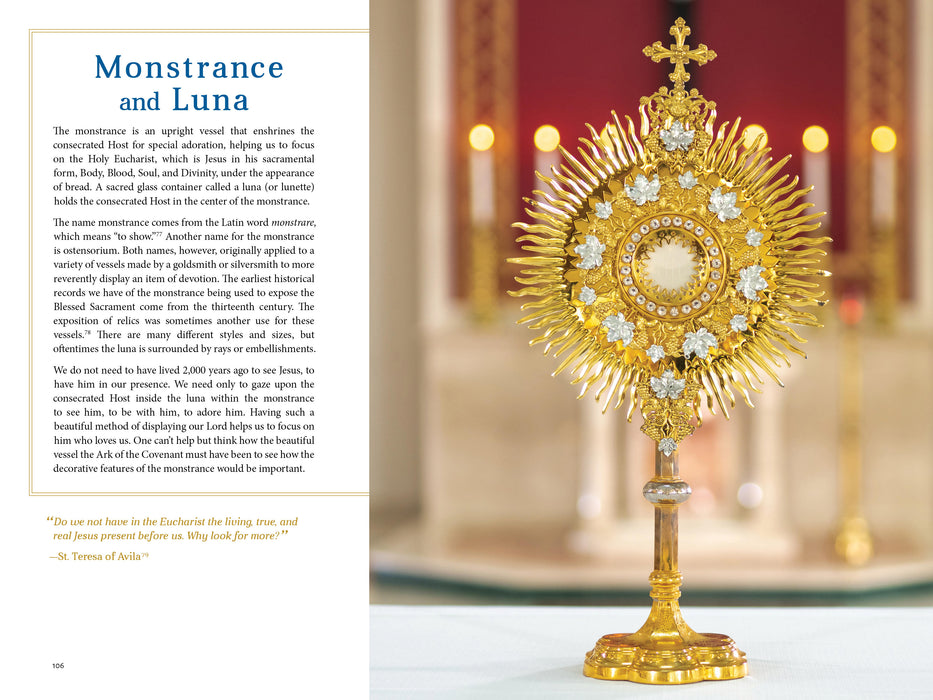 A sample page featuring the monstrance and the luna from catholic book, The Sacred That Surrounds Us: How Everything in a Catholic Church Points to Heaven by Andrea Zachman and Ascension